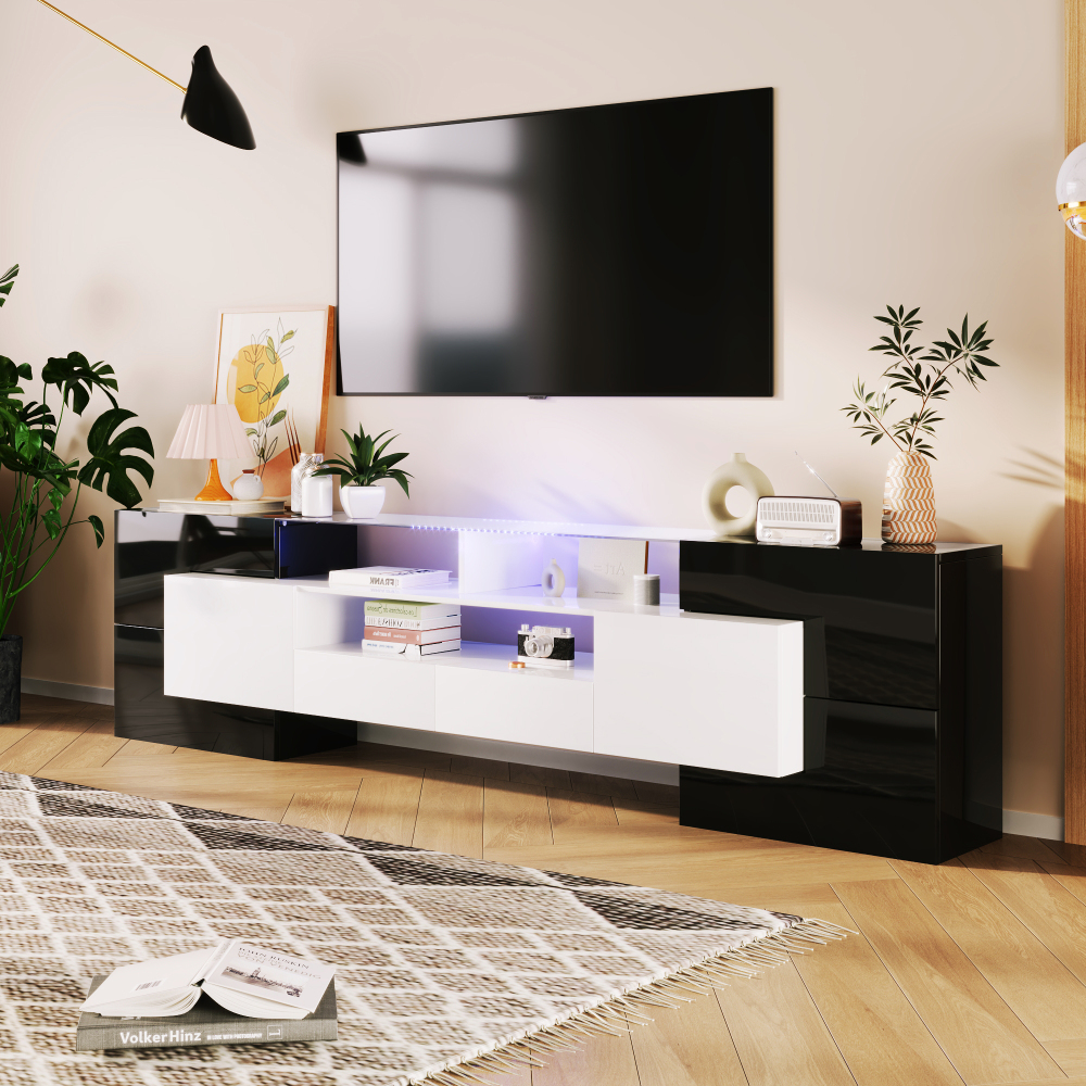 Mueble de tv con LED 4 puertas y 2 cajones negro y blanco 60x200x35cm