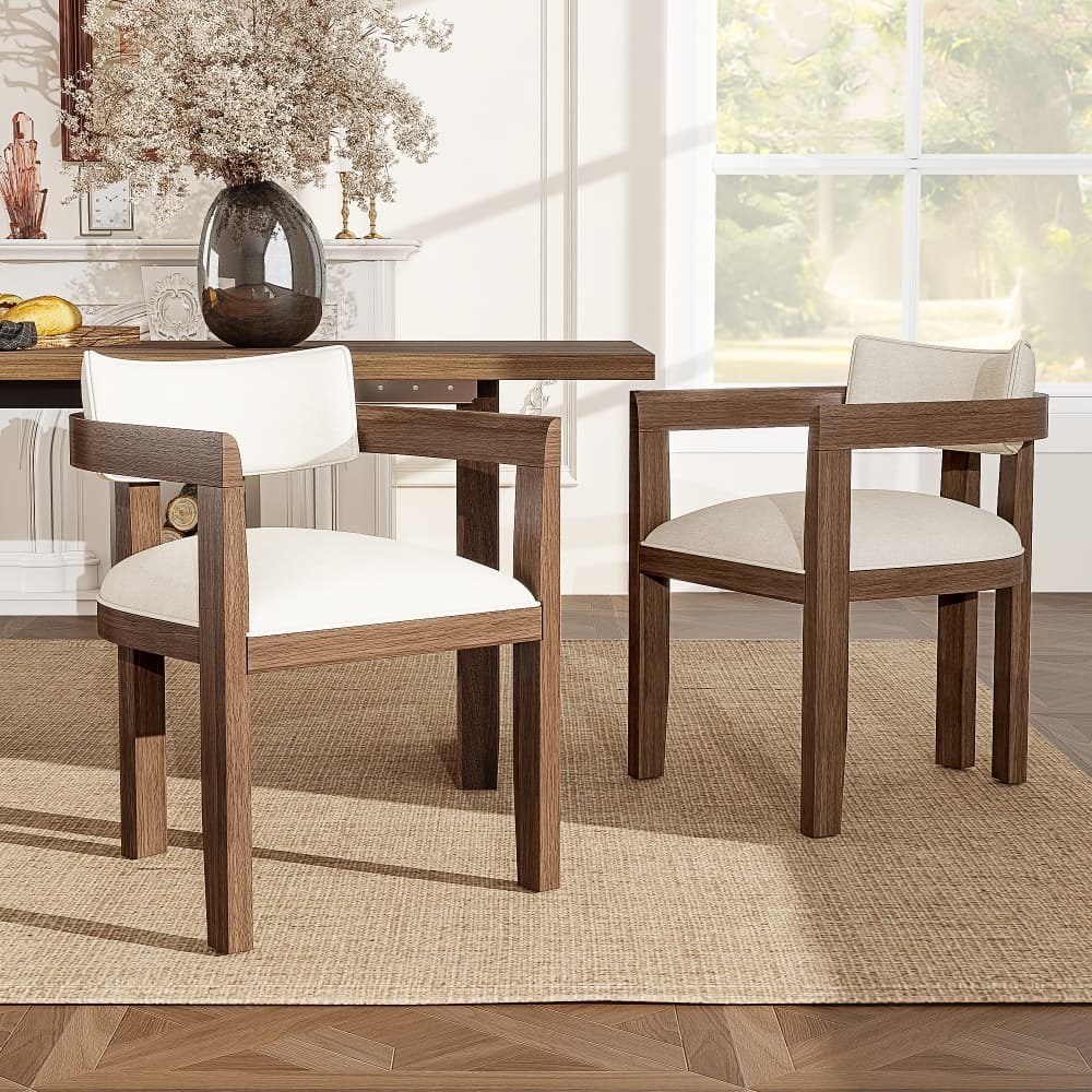 Conjunto de sillas de comedor de lino nogal con reposabrazos set de 2