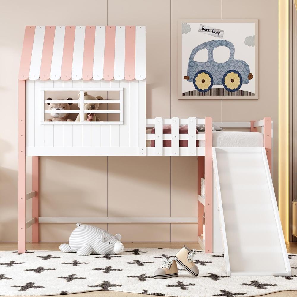 Cama alta infantil 90x200 rosa con tobogán, escalera y almacenaje