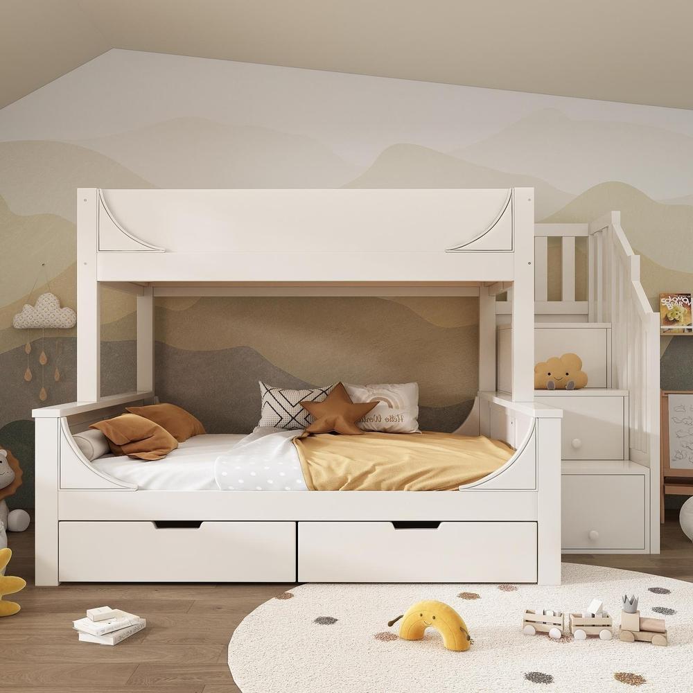 Litera infantil 90x200/140x200cm con armario, cajones escalera blanca