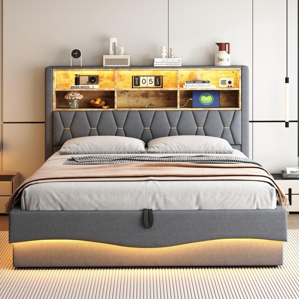 Cama doble con almacenaje hidráulico, LED y usb 180x200cm gris lino