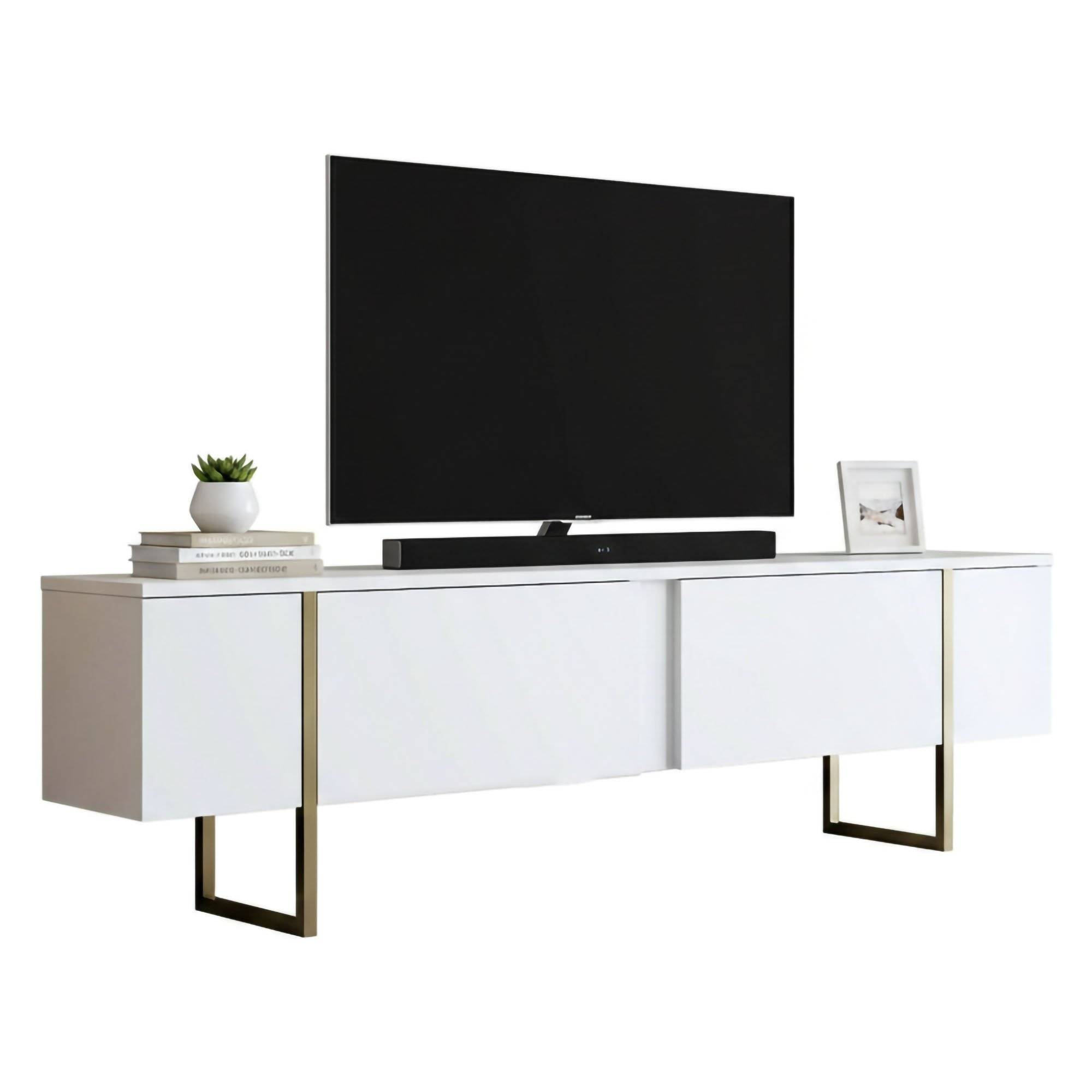 Mueble tv abishia, 3 compartimentos, madera blanca 180x30x50h cm