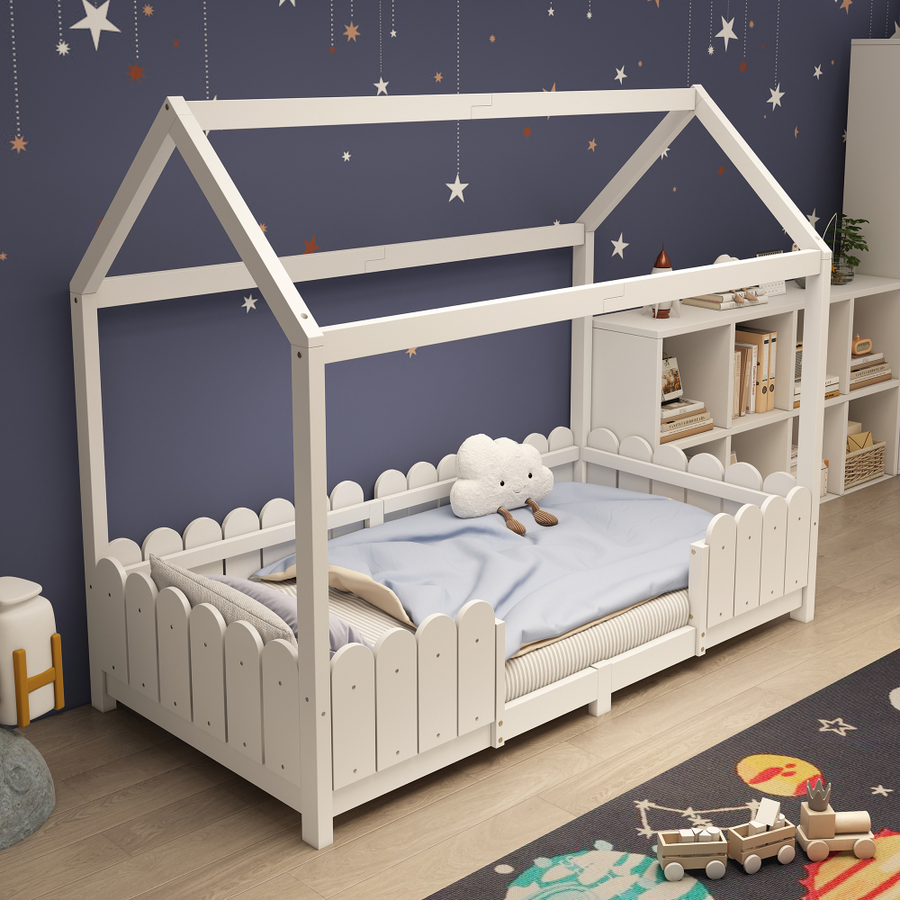Cama casita infantil 90x200cm con barandilla y somier madera maciza blanco