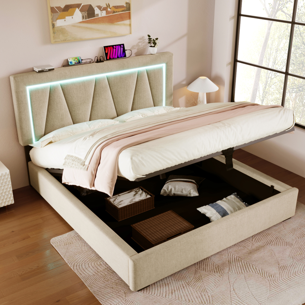 Cama tapizada 140x200 cm con LED y usb tipo c lino – color beige