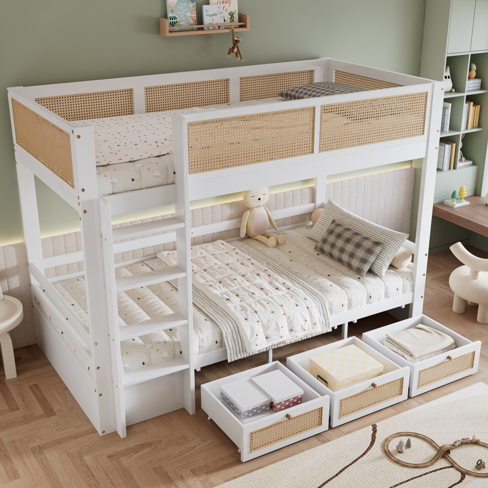 Litera 90x200cm con 3 cajones y barandilla, pino y mdf – blanco y natural