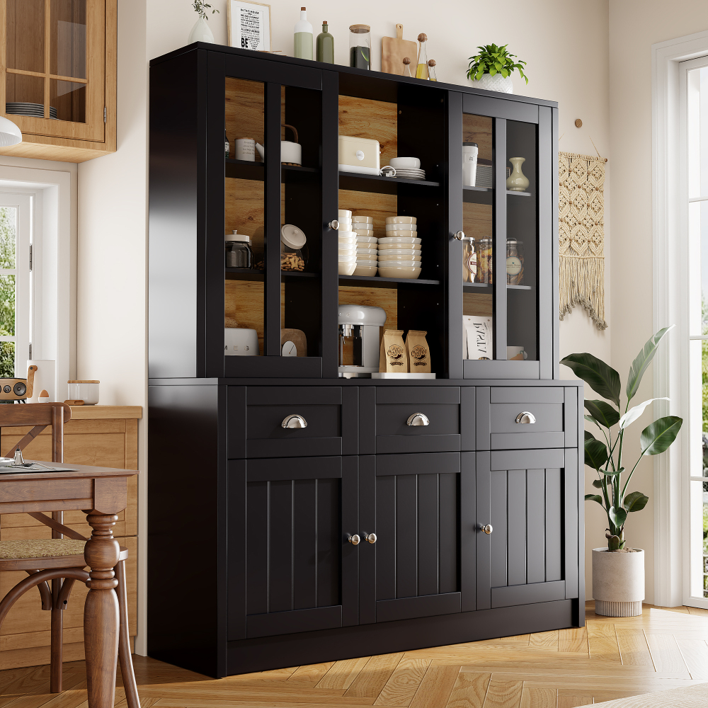 Alacena de cocina/salón, vitrina con puertas cajones negro 175x140x38,5cm