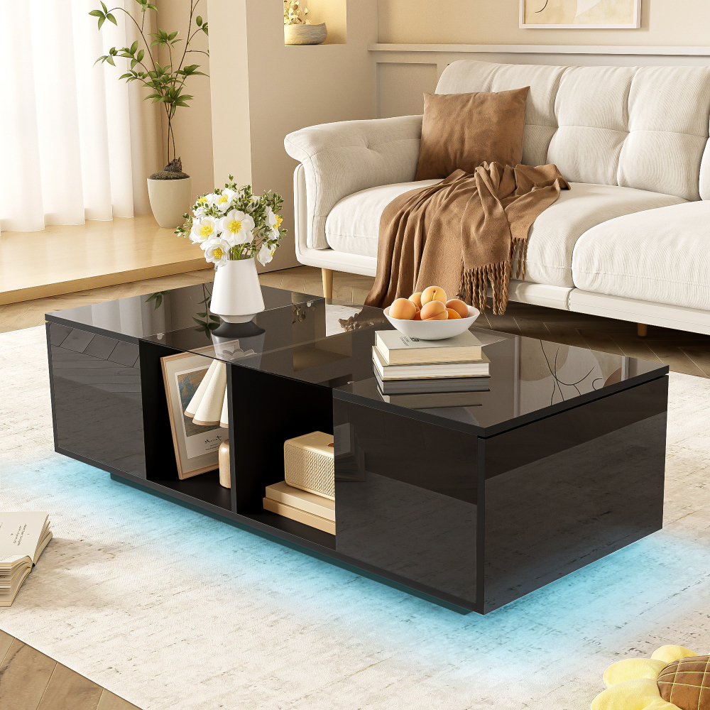 Mesa de centro con LED y almacenaje vidrio negro 38,5x120x50cm