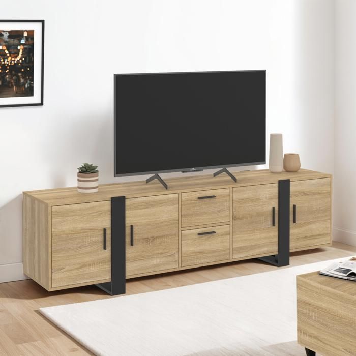 Mueble tv diseño 180 cm - madera y negro - 2 cajones y 2 armarios