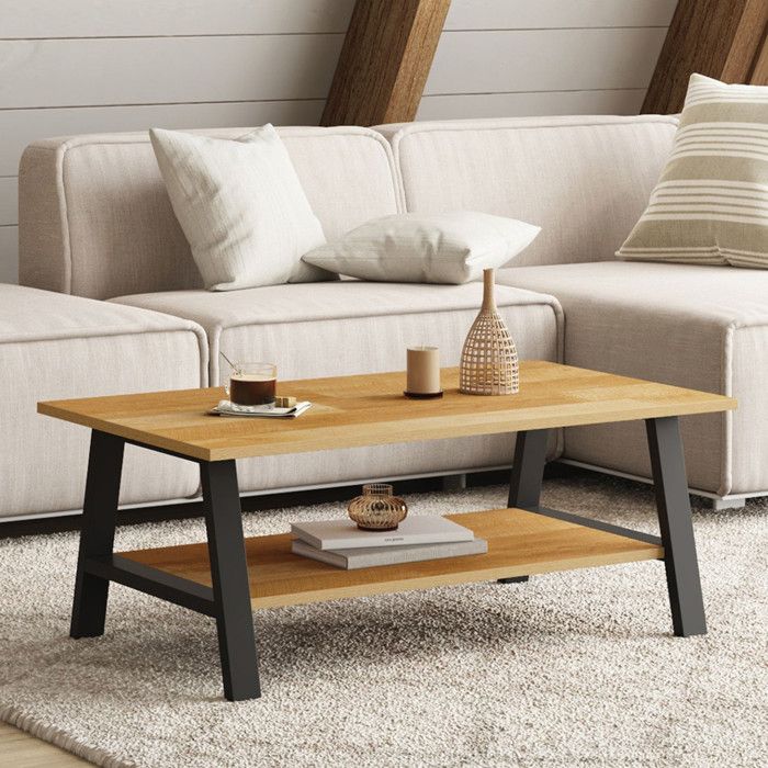 Mesa baja moderna - doble nivel - madera clara y negra - 100 cm