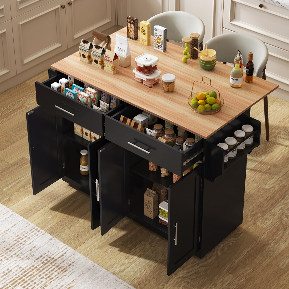 Isla de cocina abatible 2 cajones 4 puertas negro 91,5x120x46-70cm