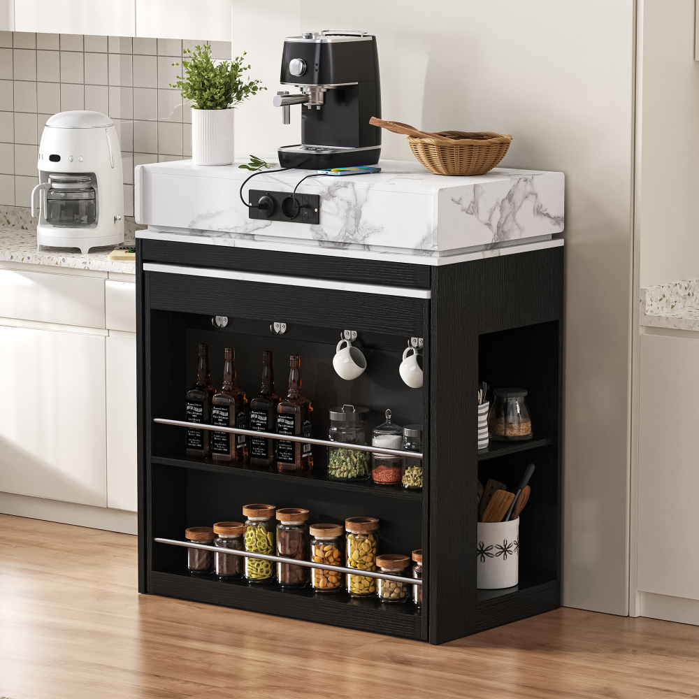 Isla de cocina con mesa extensible y enchufes negro 96x83x46cm