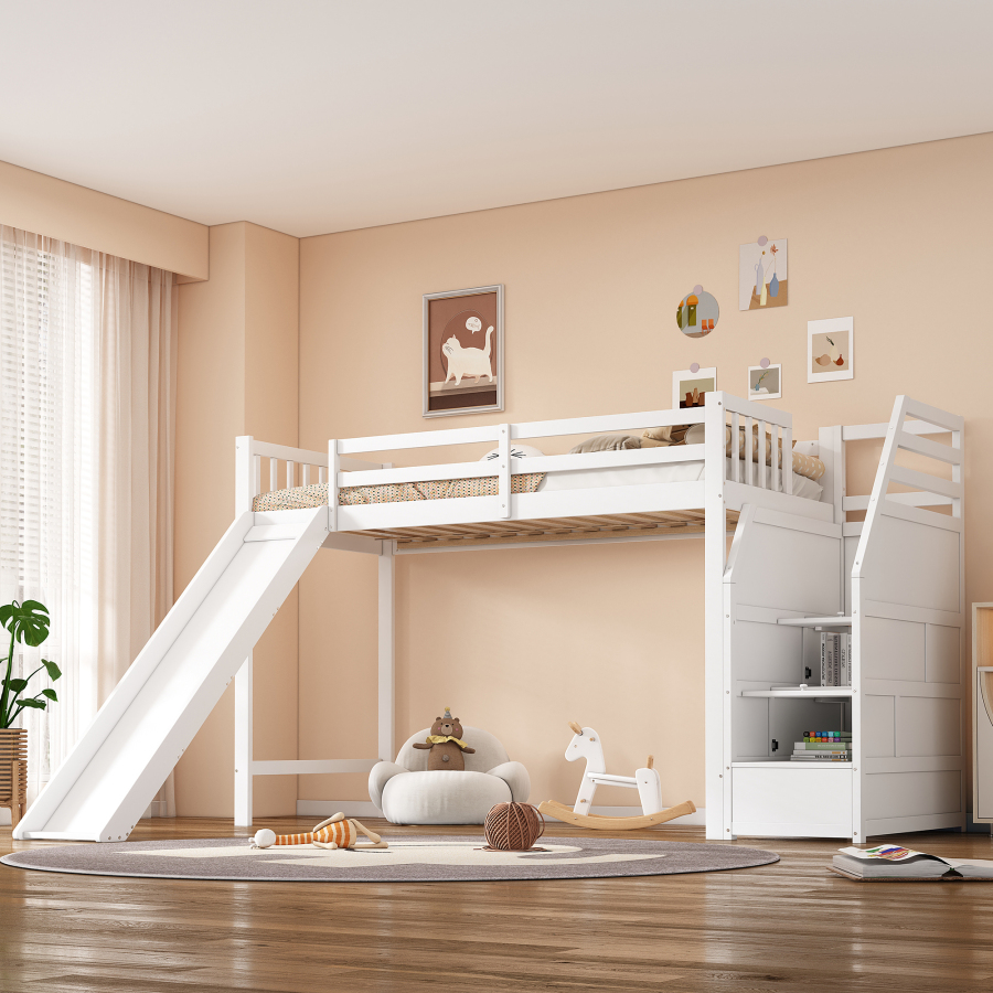 Cama alta 90x200 cm con tobogán y escalera de almacenaje