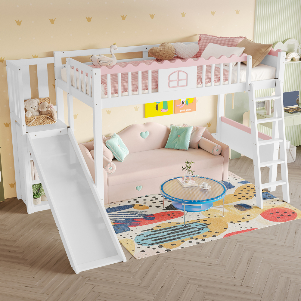 Cama alta infantil 90x200cm con LED, estantes y tobogán pino – blanco