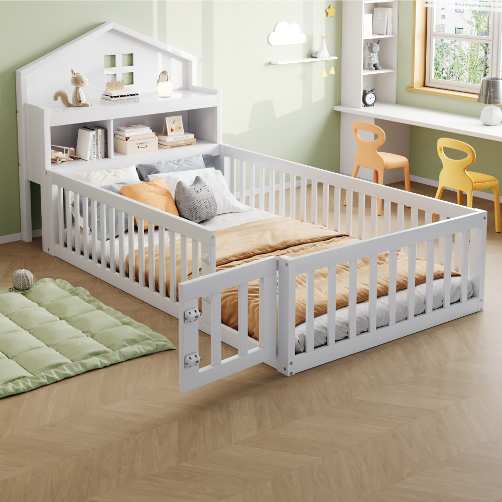 Cama infantil 90x200cm con barandilla y puerta madera maciza – blanco