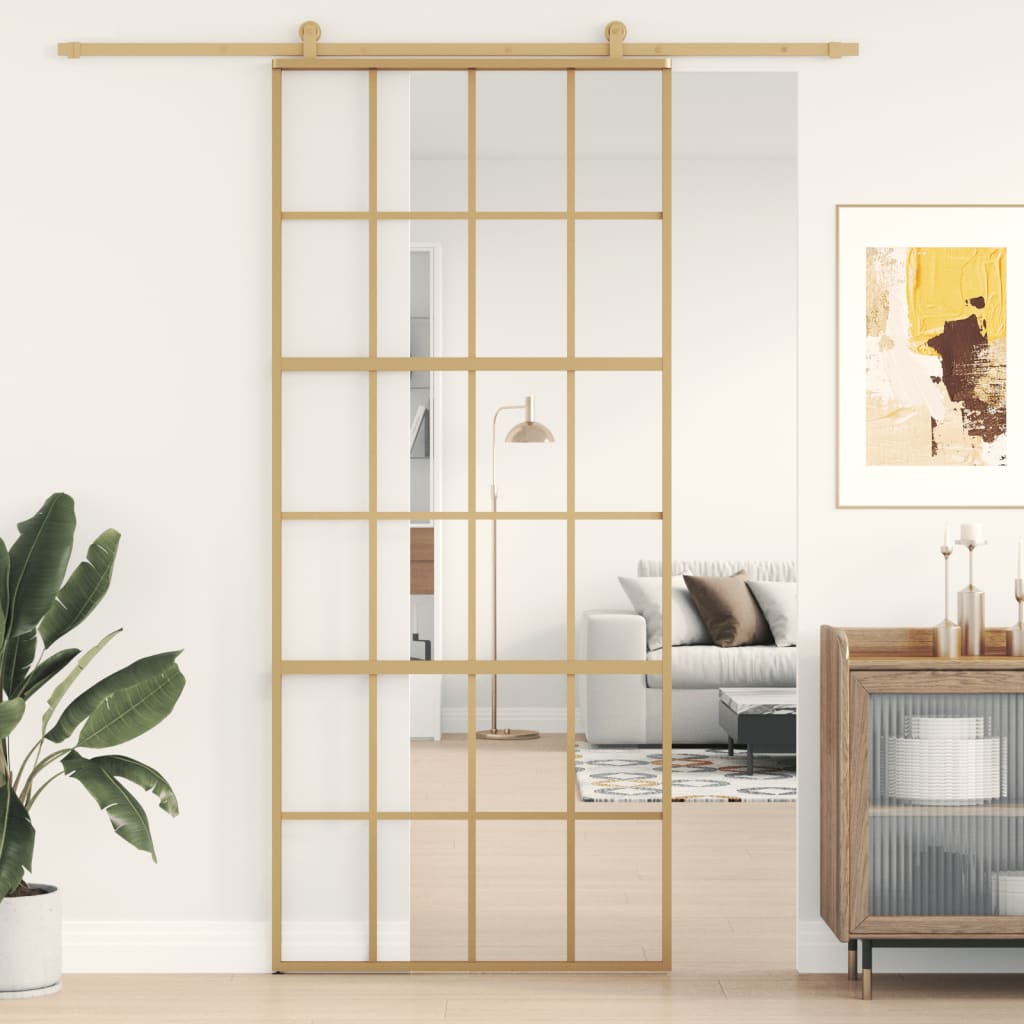 Puerta corredera dorada de vidrio esg transparente y aluminio esxt8458