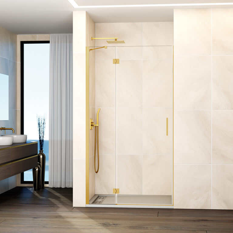 Mampara glass panel fijo + puerta abatible 127-130 cm (50+80) oro