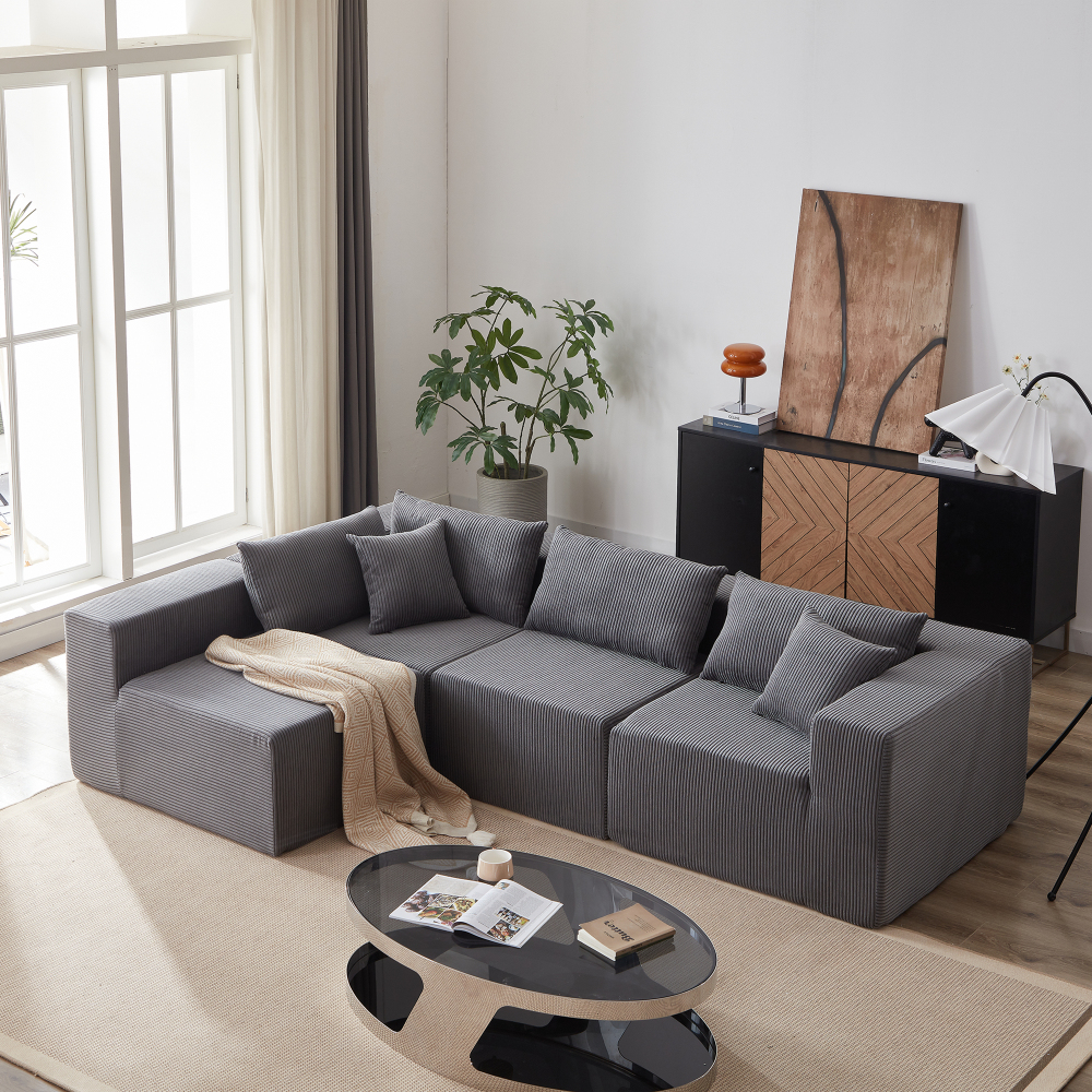 Sofá modular en l pana gris 4 piezas para salón y dormitorio