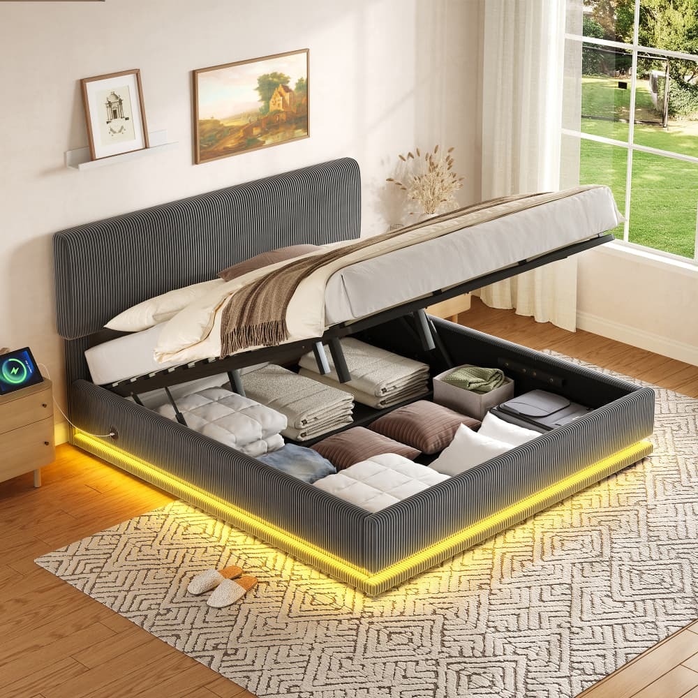 Cama tapizada 160x200cm con canapé hidráulico, LED y usb pana – gris oscuro
