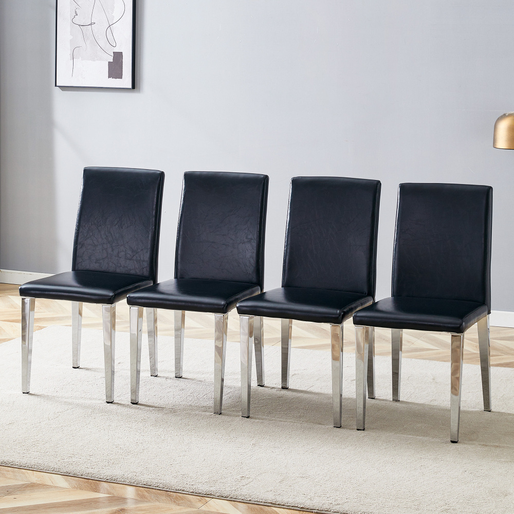 Conjunto de sillas de comedor pu negro set de 4 patas metálicas plateadas