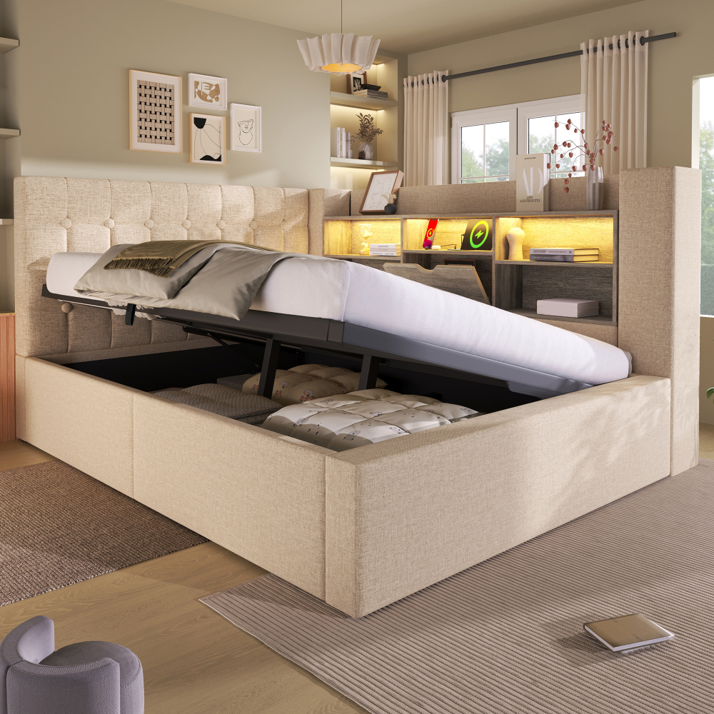 Cama tapizada 140x200cm LED carga canapé lino beige con colchón