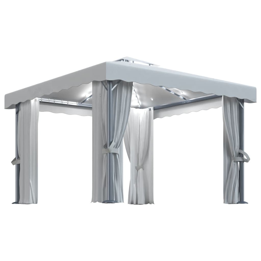 vidaXL cenador con cortina y tira de luces LED aluminio crema 3x3 m