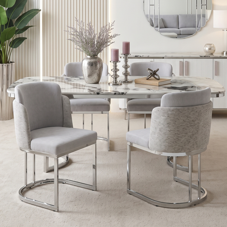 Conjunto 4 sillas comedor chenilla gris plata respaldo doble patas metal