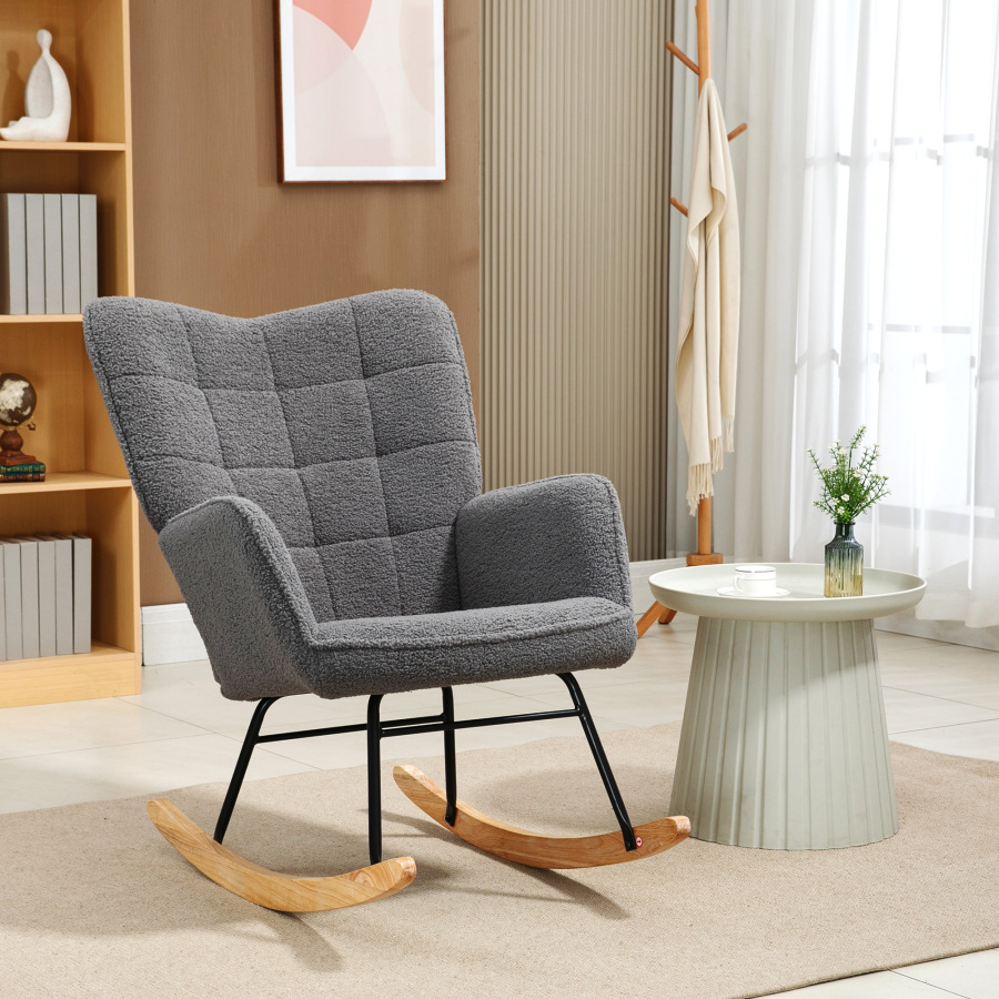 Sillón mecedor tapizado en poliéster gris oscuro con base de madera
