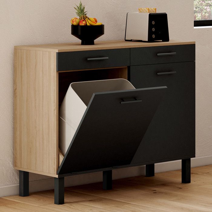 Buffet bajo de cocina con cubo de basura oculto de madera negra 100 cm