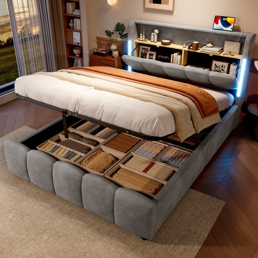 Cama tapizada 140x200cm con LED, usb y canapé de terciopelo – gris