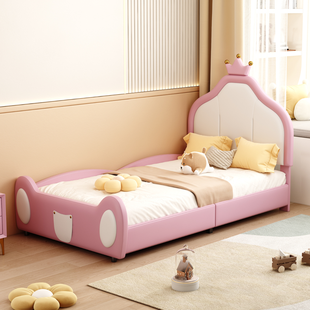 Cama infantil 90x200 cm tapizada con cabecero corona piel sintética – rosa