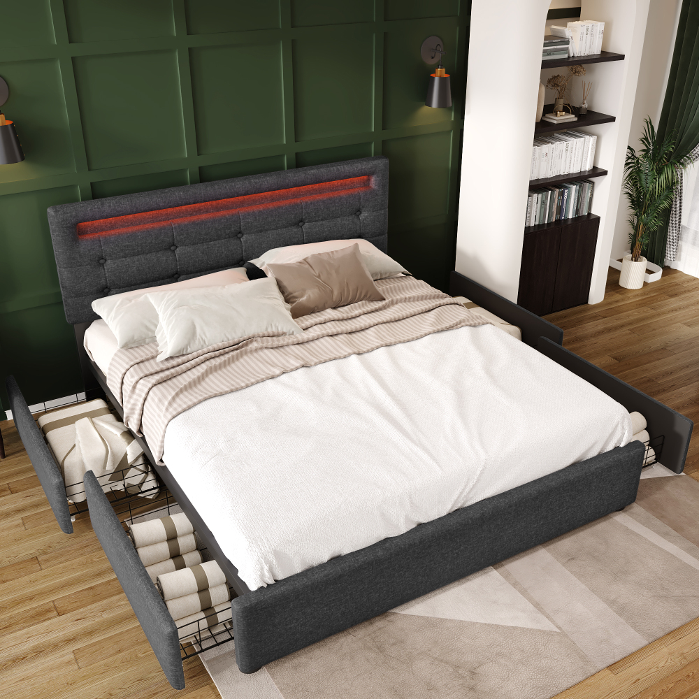 Cama doble 140x200cm con LED, 4 cajones y cabecero ajustable lino gris