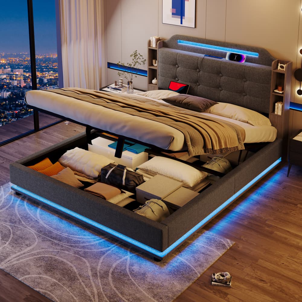 Cama doble 140x200cm canapé hidráulico, LED, usb, compartimentos, lino gris