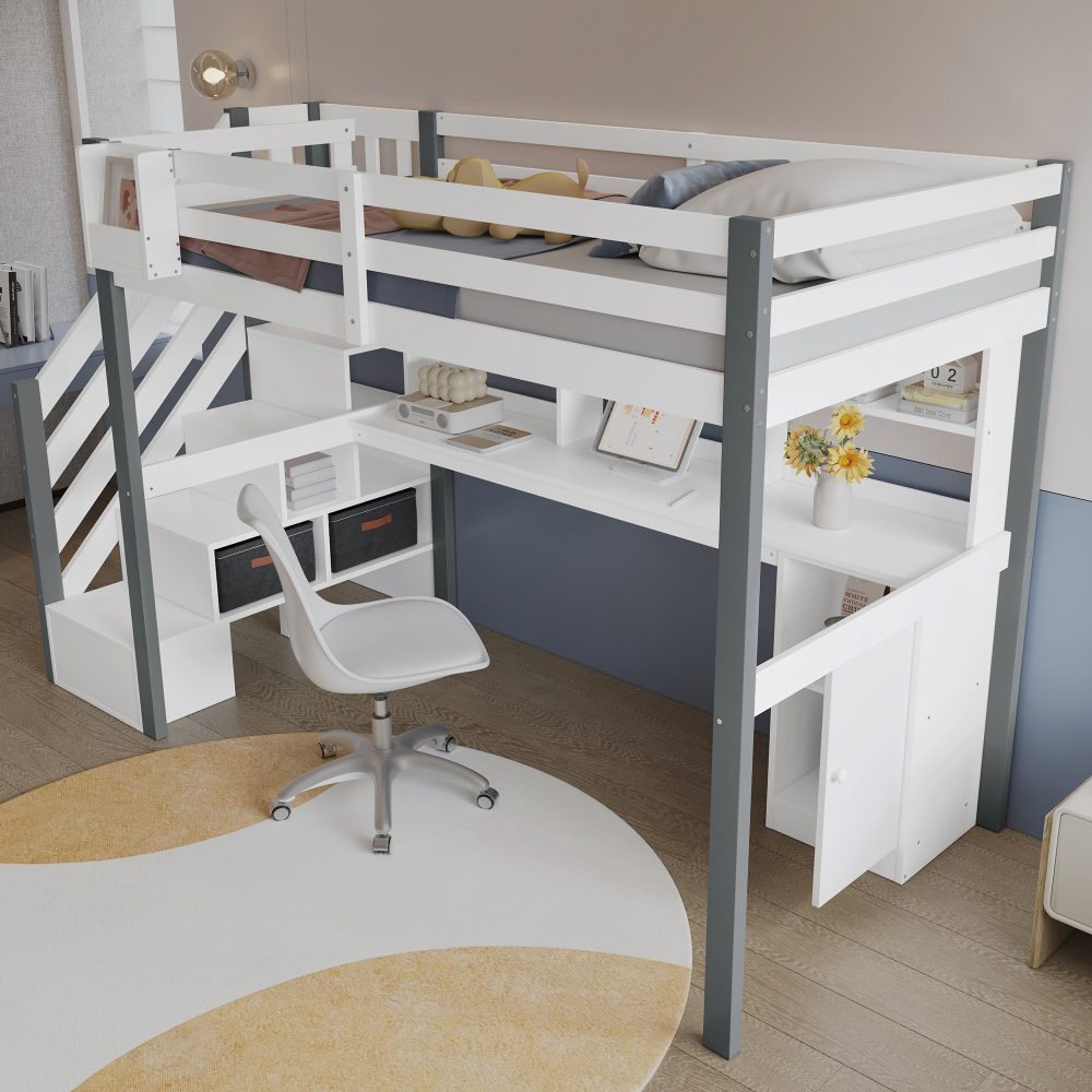 Cama semialta 90x200 cm con escritorio y almacenaje madera – blanco y gris