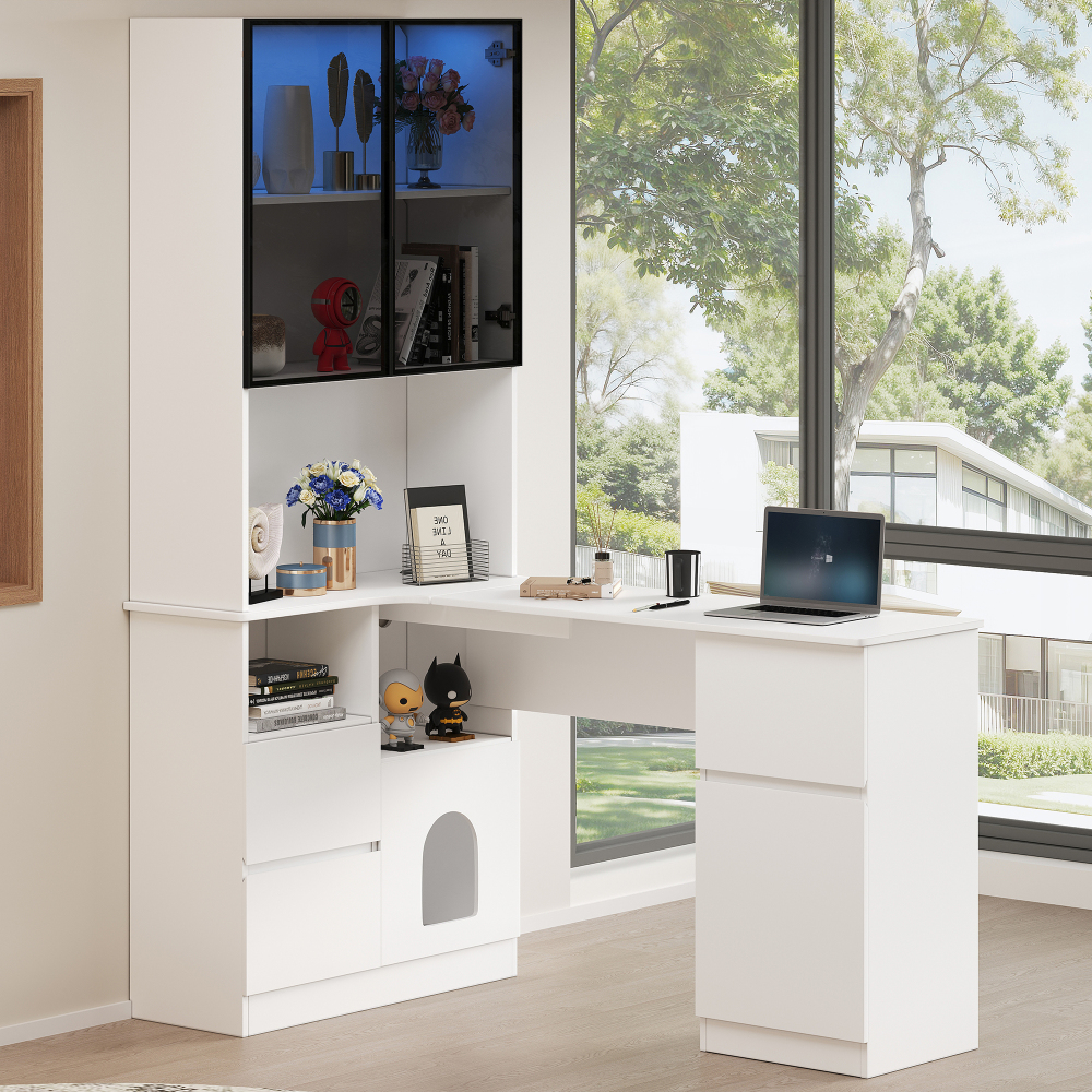 Escritorio esquinero con estantería y vitrina LED mdf blanco 180x120x80cm