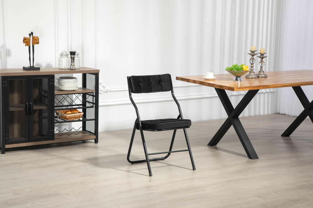 Silla plegable de comedor acero negro set de 2 con asiento acolchado