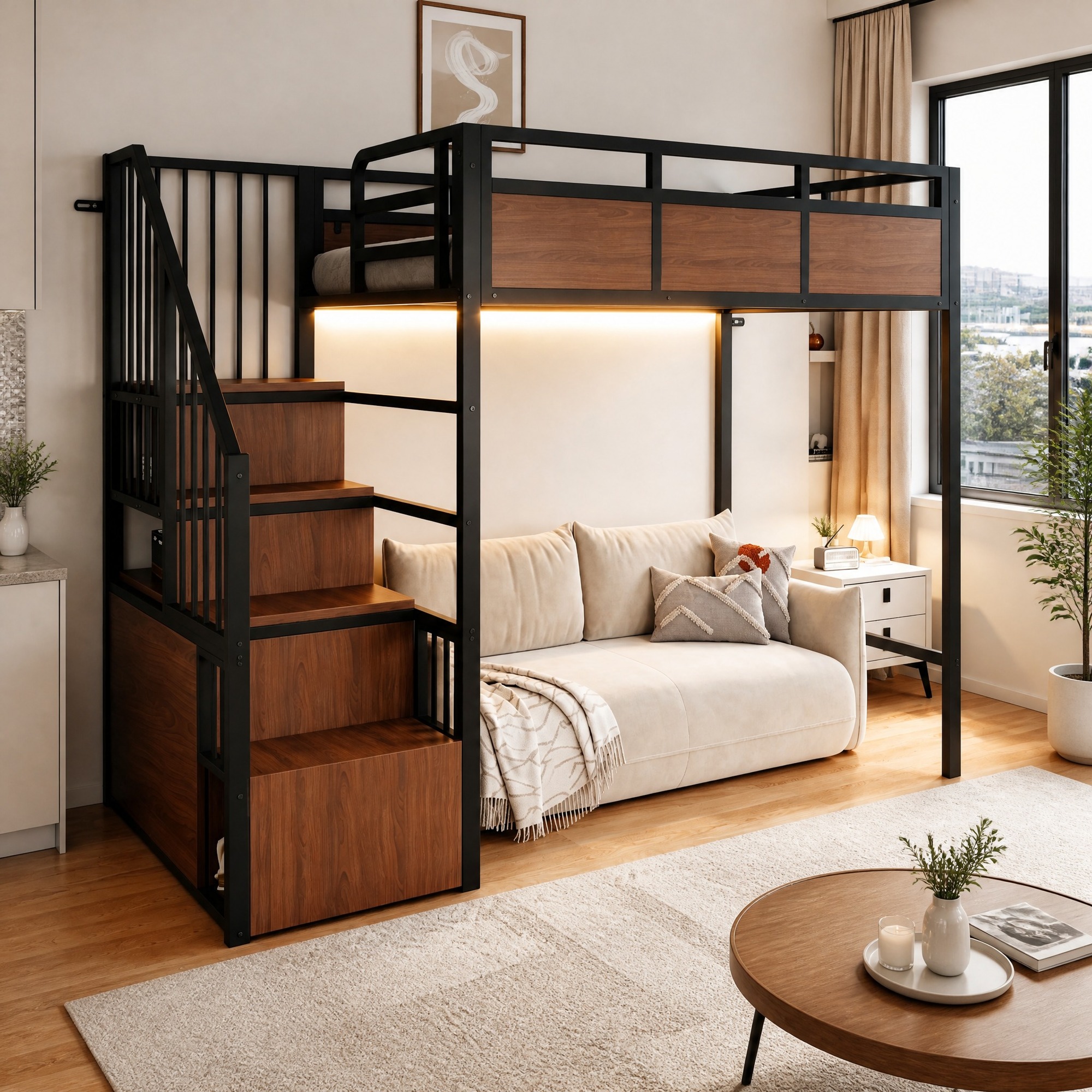 Cama alta 90x200cm con LED y escalera con almacenaje metal madera – negro
