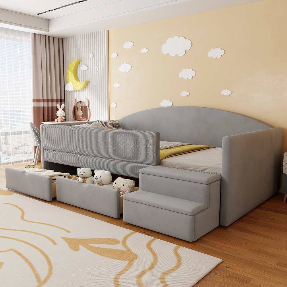 Sofá cama 90x190cm con cajones barandilla escalones terciopelo gris claro