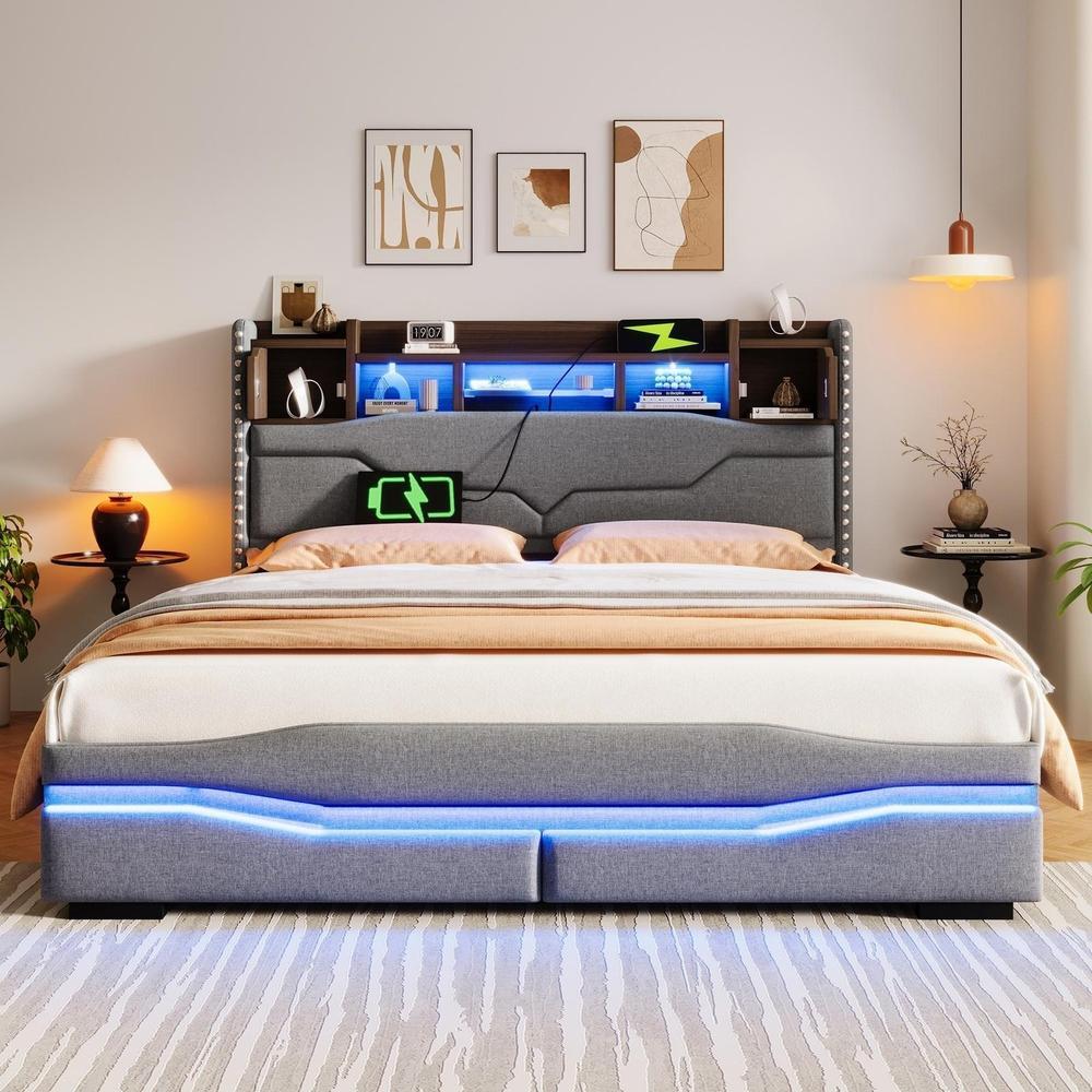 Cama con canapé 160x200cm, LED usb-c y cabecero con almacenaje, gris