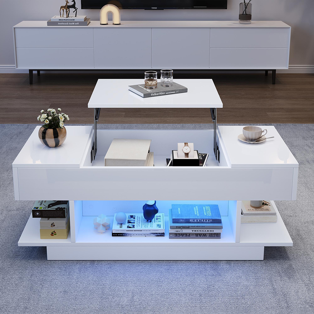 Mesa de centro regulable en altura con iluminación LED, blanca