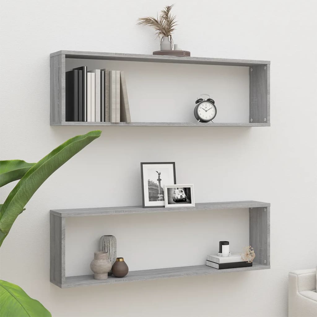 Estante cubo pared 2 uds contrachapada gris sonoma 100x15x30 cm