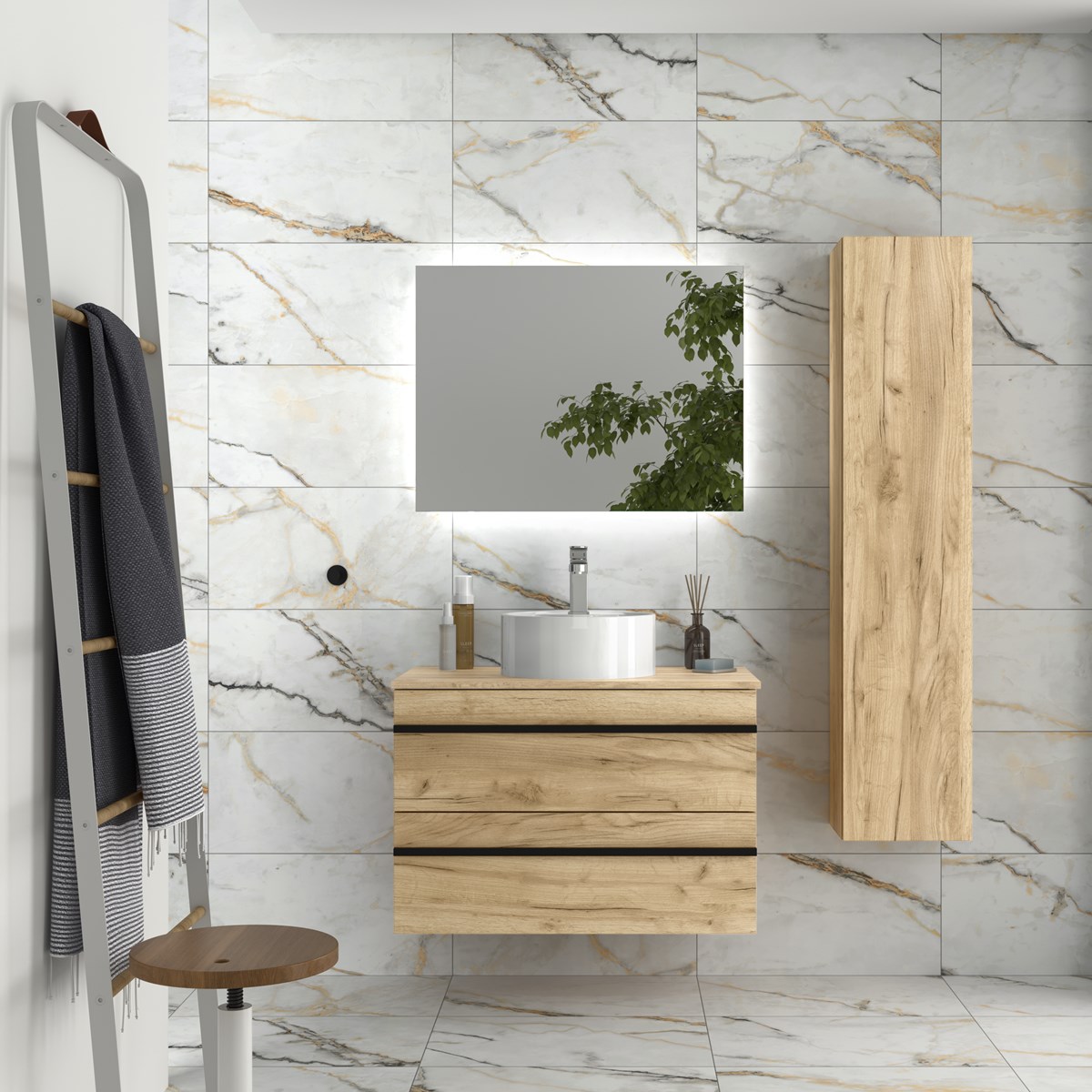 Mueble baño serie born 80 cm roble con tirador | lavabo +encimera