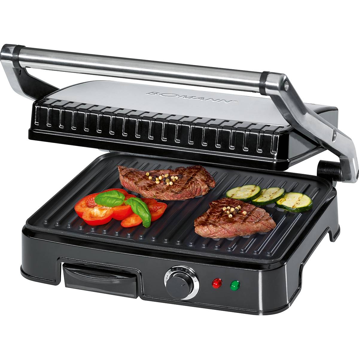 Parrilla eléctrica doble, tapa basculante, an bomann kg 2242 cb negro/plata