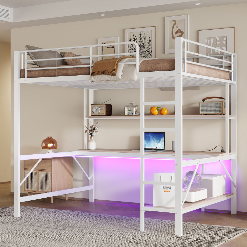 Cama alta 140x200cm con escritorio y estante, LED y usb metal y mdf blanco