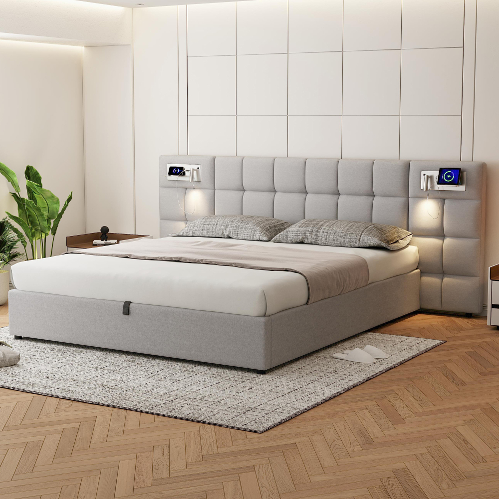 Cama tapizada 180x200 cm con canapé, usb LED y almacenaje lino – gris