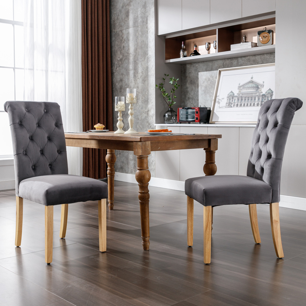 Silla de comedor terciopelo gris set 2 con patas roble curvo