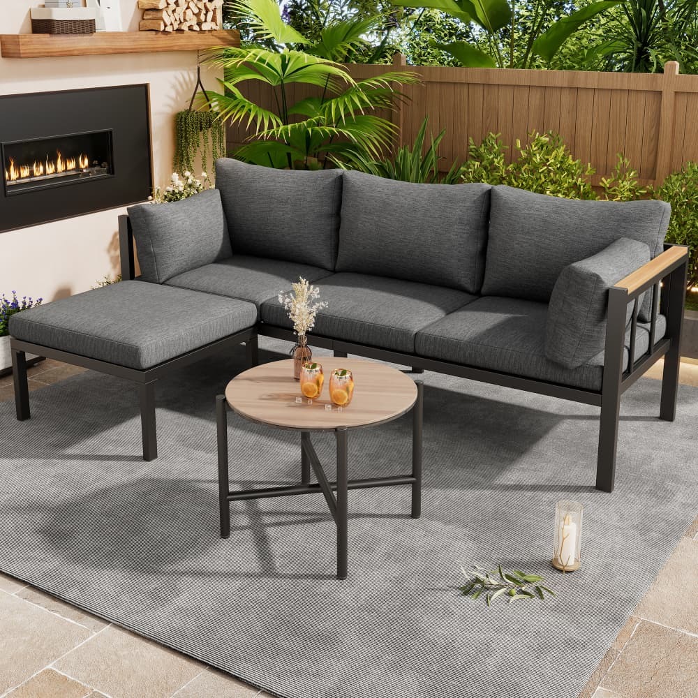 Conjunto jardín esquinero exterior poliéster gris mesa reposapiés