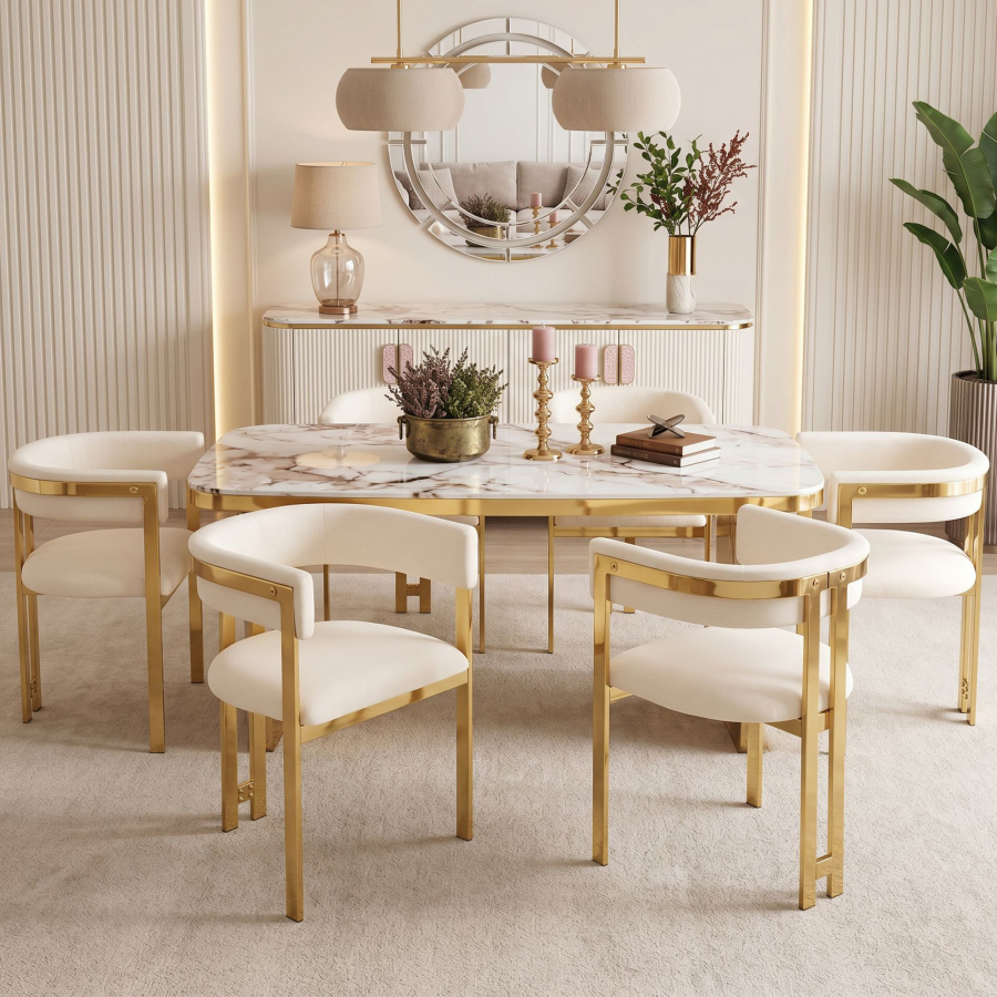 Silla de comedor de chenilla beige y dorado set de 6 para sala/restaurante