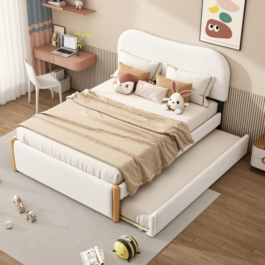 Cama tapizada 140x200cm con cama nido extraíble y mdf – color blanco