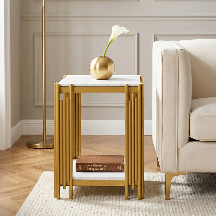 Mesa auxiliar con dos estantes blanco y dorado 55x43x40cm