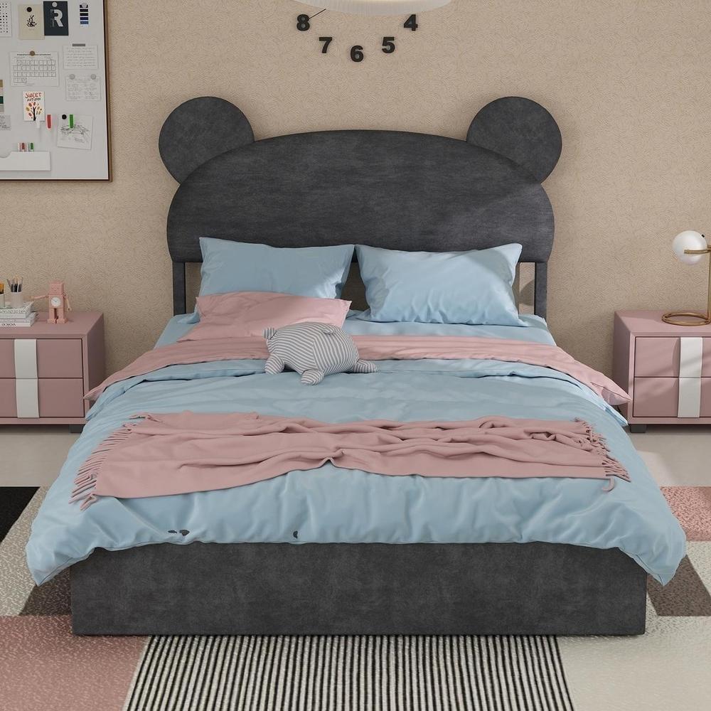 Cama 140x200cm gris con almacenaje elevable y cabecero cartoon